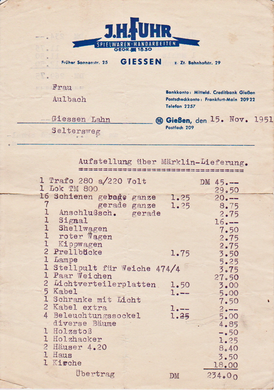 Märklin-Rechnung 01-560 Märklin-Rechnung 01-560